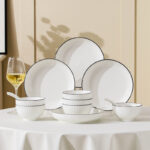 10/12 Pieces Ceramic Porcelain White Plate With Black Rimmed - Image 3